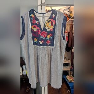 Striped Dress with Floral Embroidery